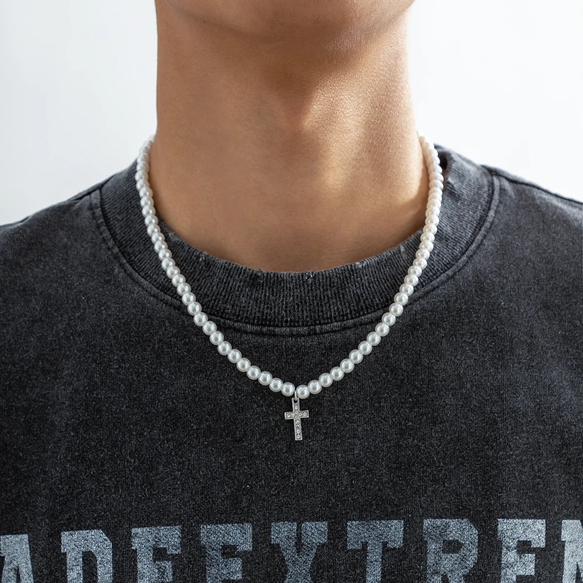 Iced Cross on Pearl Necklace