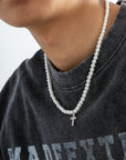 Iced Cross on Pearl Necklace