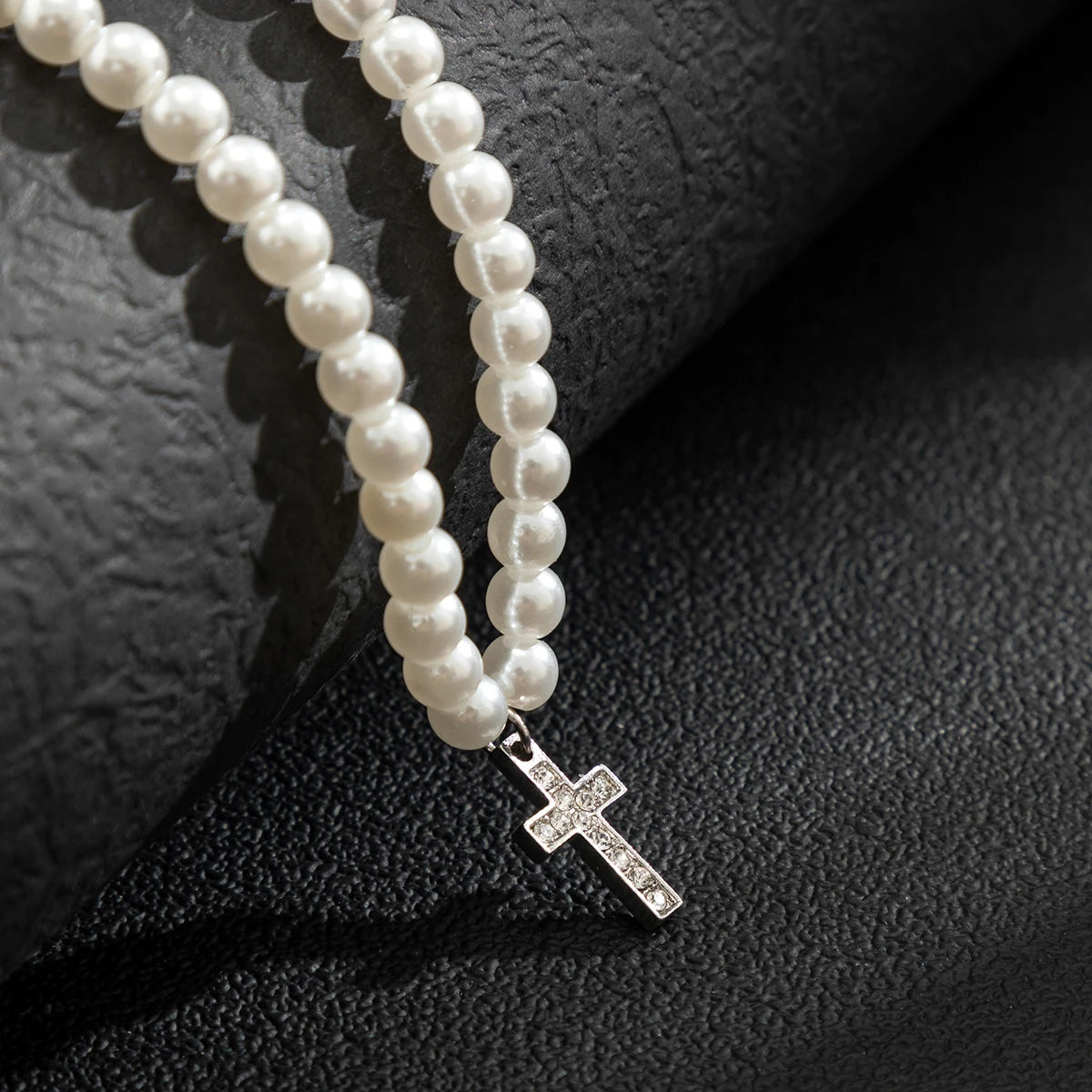 Iced Cross on Pearl Necklace