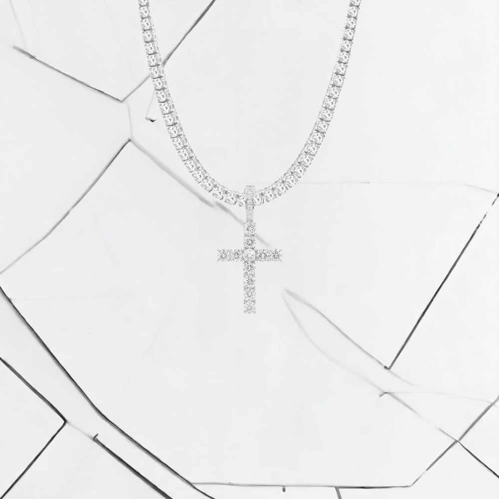 Tennis Chain + Iced Cross - Silver - Bltprf